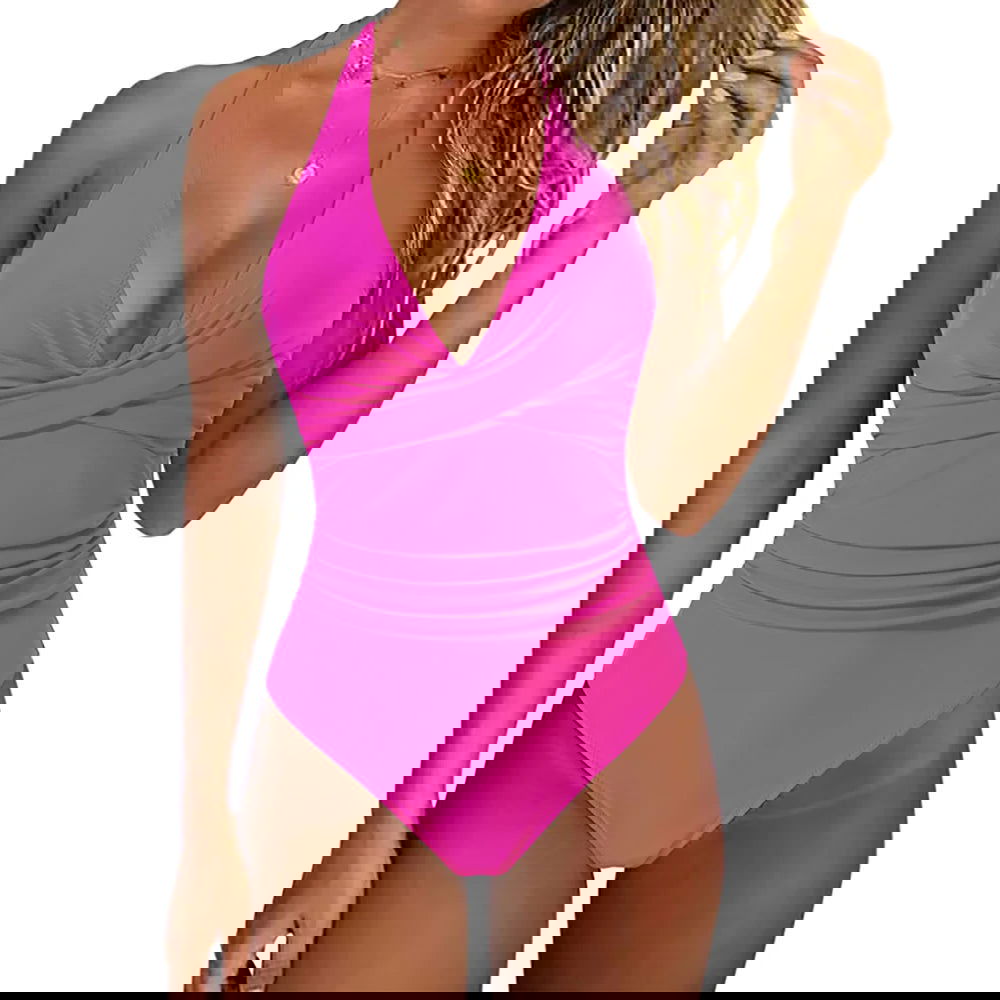 Women One Piece Set Swimsuit Print  Backless Puch Up Solid Sexy Women's Swimwear Bandage Ruched Female Bathing Suit Beachwear - Slobuy