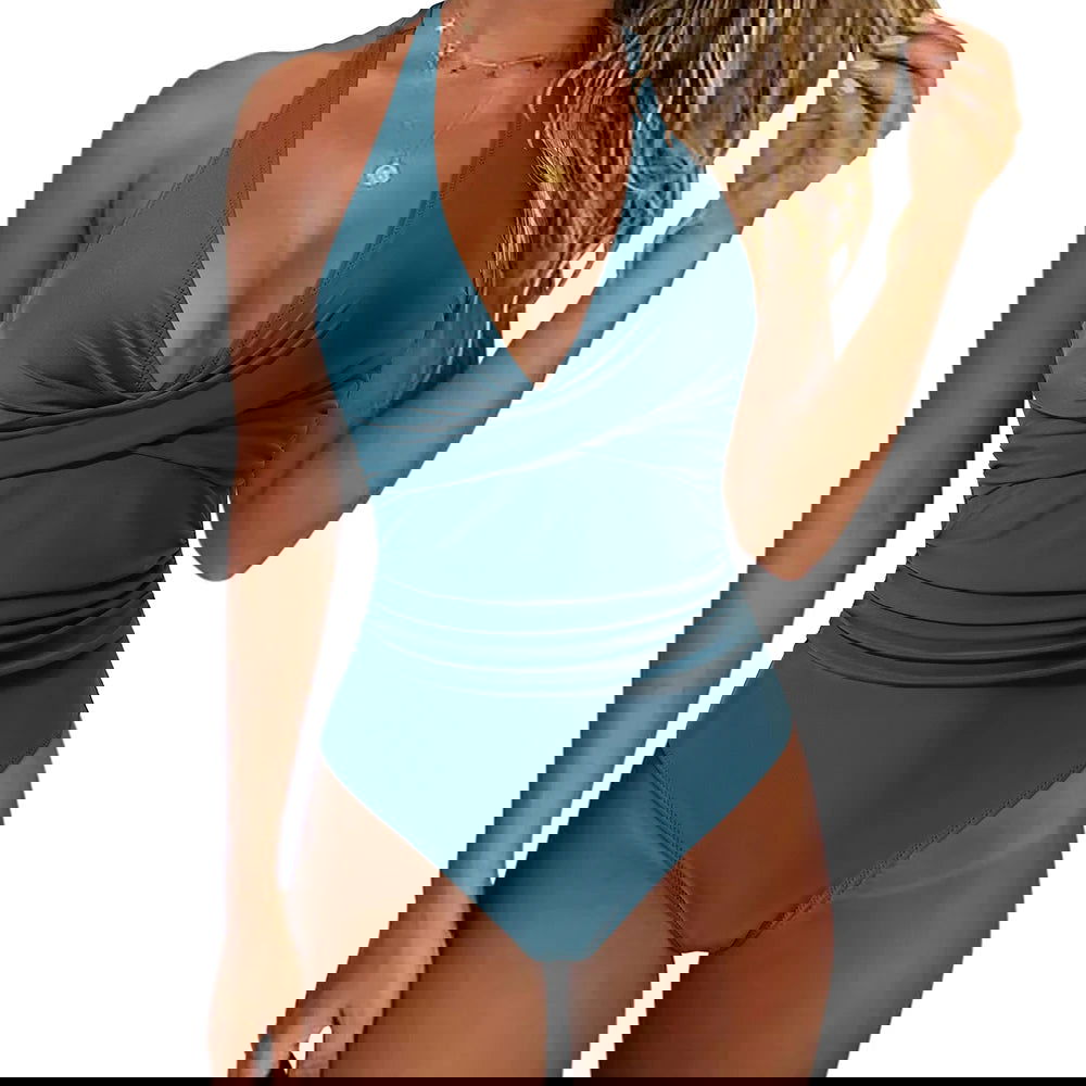 Women One Piece Set Swimsuit Print  Backless Puch Up Solid Sexy Women's Swimwear Bandage Ruched Female Bathing Suit Beachwear - Slobuy