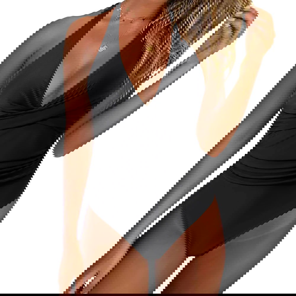 Women One Piece Set Swimsuit Print  Backless Puch Up Solid Sexy Women's Swimwear Bandage Ruched Female Bathing Suit Beachwear - Slobuy