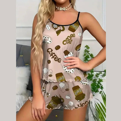 Women Pajamas Sleepwear Pajama Set Nightgowns Camisole And Shorts S M L Khaki Cartoon Printing Summer Casual - Slobuy
