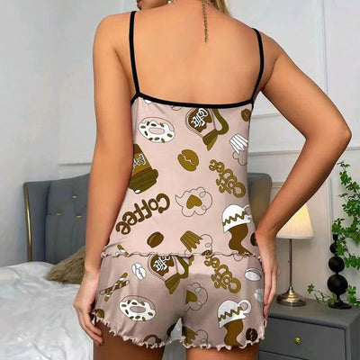 Women Pajamas Sleepwear Pajama Set Nightgowns Camisole And Shorts S M L Khaki Cartoon Printing Summer Casual - Slobuy