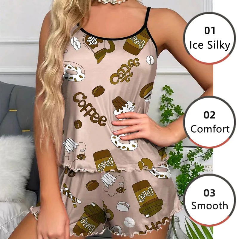 Women Pajamas Sleepwear Pajama Set Nightgowns Camisole And Shorts S M L Khaki Cartoon Printing Summer Casual - Slobuy