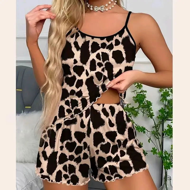 Women Pajamas Sleepwear Pajama Set Nightgowns Camisole And Shorts S M L Khaki Leopard Print Printing Casual Comfortable - Slobuy