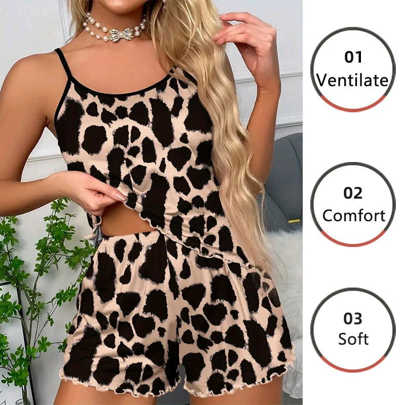 Women Pajamas Sleepwear Pajama Set Nightgowns Camisole And Shorts S M L Khaki Leopard Print Printing Casual Comfortable - Slobuy