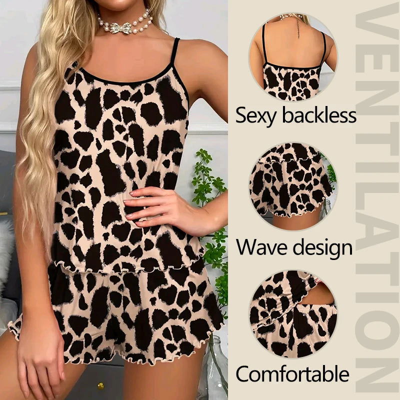 Women Pajamas Sleepwear Pajama Set Nightgowns Camisole And Shorts S M L Khaki Leopard Print Printing Casual Comfortable - Slobuy