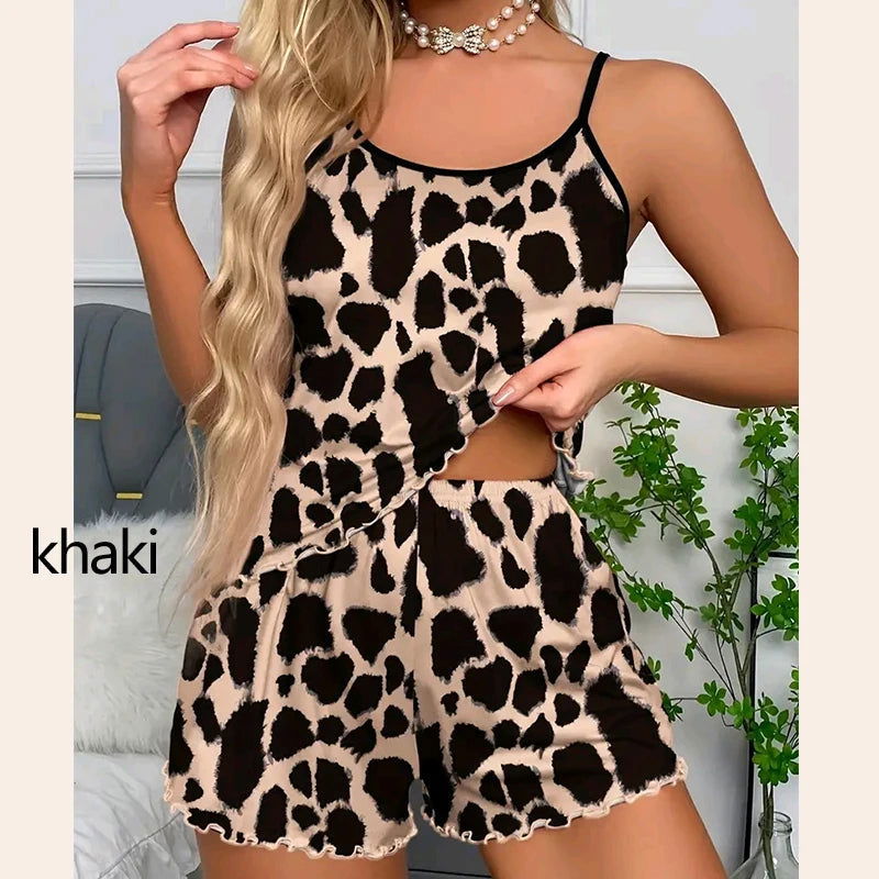 Women Pajamas Sleepwear Pajama Set Nightgowns Camisole And Shorts S M L Khaki Leopard Print Printing Casual Comfortable - Slobuy