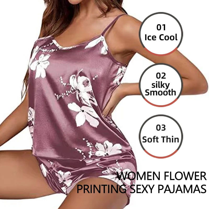 Women Pajamas Sleepwear Pajama Set Nightgowns Camisole And Shorts S M L Pink Floral Printing Lovely Summer Casual Comfortabl - Slobuy
