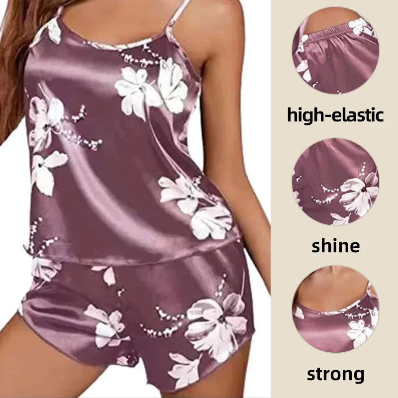 Women Pajamas Sleepwear Pajama Set Nightgowns Camisole And Shorts S M L Pink Floral Printing Lovely Summer Casual Comfortabl - Slobuy