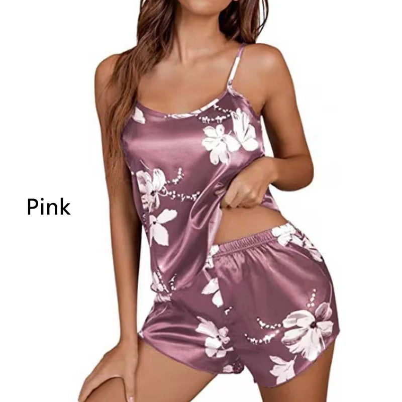 Women Pajamas Sleepwear Pajama Set Nightgowns Camisole And Shorts S M L Pink Floral Printing Lovely Summer Casual Comfortabl - Slobuy