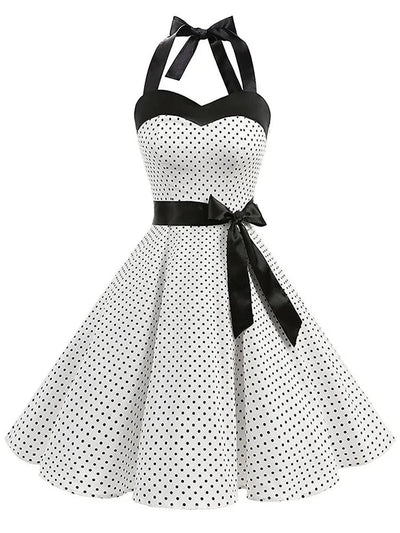 Women Polka Dot Print Summer Dress Sexy Retro White Halter Vintage Dress Robe Femme Pin Up Rockabilly Party Dress - Slobuy