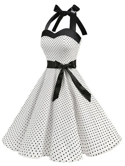 Women Polka Dot Print Summer Dress Sexy Retro White Halter Vintage Dress Robe Femme Pin Up Rockabilly Party Dress - Slobuy