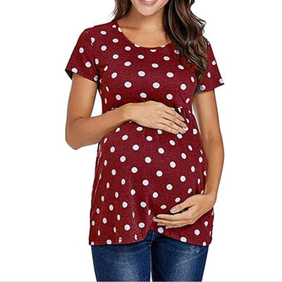 Women Pregnancy Casual T Shirt Maternity Summer Short Sleeve Dot Print Tees Tops Pregnant Tunic Blouse Maternity Clothing - Slobuy