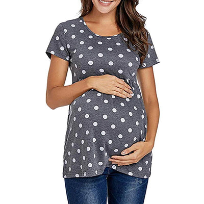 Women Pregnancy Casual T Shirt Maternity Summer Short Sleeve Dot Print Tees Tops Pregnant Tunic Blouse Maternity Clothing - Slobuy
