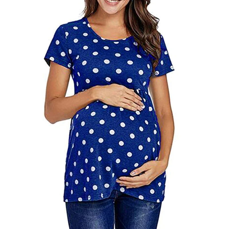 Women Pregnancy Casual T Shirt Maternity Summer Short Sleeve Dot Print Tees Tops Pregnant Tunic Blouse Maternity Clothing - Slobuy