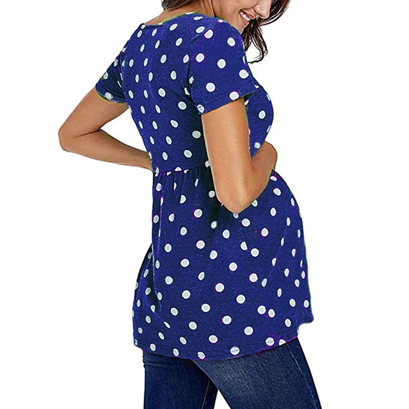 Women Pregnancy Casual T Shirt Maternity Summer Short Sleeve Dot Print Tees Tops Pregnant Tunic Blouse Maternity Clothing - Slobuy