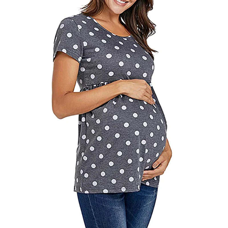 Women Pregnancy Casual T Shirt Maternity Summer Short Sleeve Dot Print Tees Tops Pregnant Tunic Blouse Maternity Clothing - Slobuy