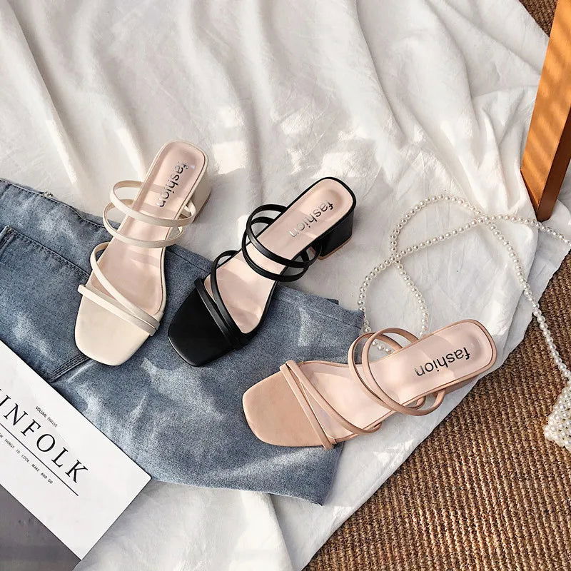Women Sandals Ladies Square Heels Elegant Summer Slippers Outside Cross Tied Leather Female Slides 2023 Fashion Woman Sandals - Slobuy