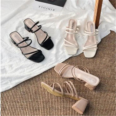 Women Sandals Ladies Square Heels Elegant Summer Slippers Outside Cross Tied Leather Female Slides 2023 Fashion Woman Sandals - Slobuy