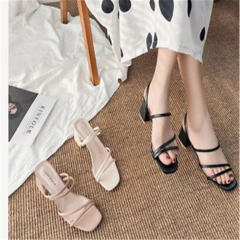 Women Sandals Ladies Square Heels Elegant Summer Slippers Outside Cross Tied Leather Female Slides 2023 Fashion Woman Sandals - Slobuy