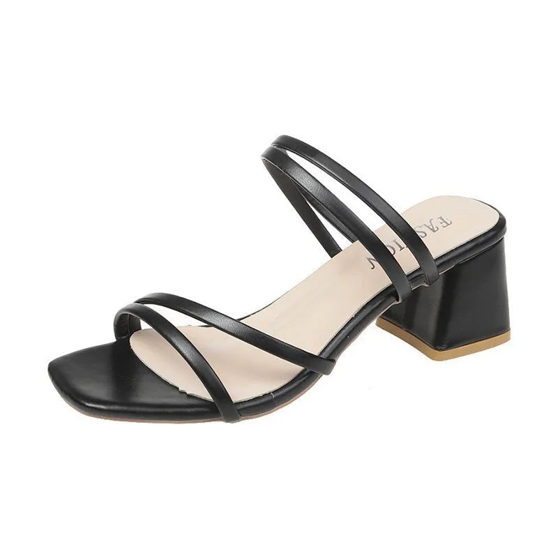 Women Sandals Ladies Square Heels Elegant Summer Slippers Outside Cross Tied Leather Female Slides 2023 Fashion Woman Sandals - Slobuy