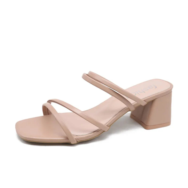 Women Sandals Ladies Square Heels Elegant Summer Slippers Outside Cross Tied Leather Female Slides 2023 Fashion Woman Sandals - Slobuy