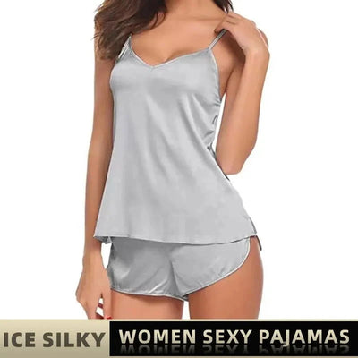 Women Sexy Ice Silky Pajamas Nightclothes Sleepwear Camisole And Shorts White Black Gray L XL XXL Comfortable Casual Summer - Slobuy