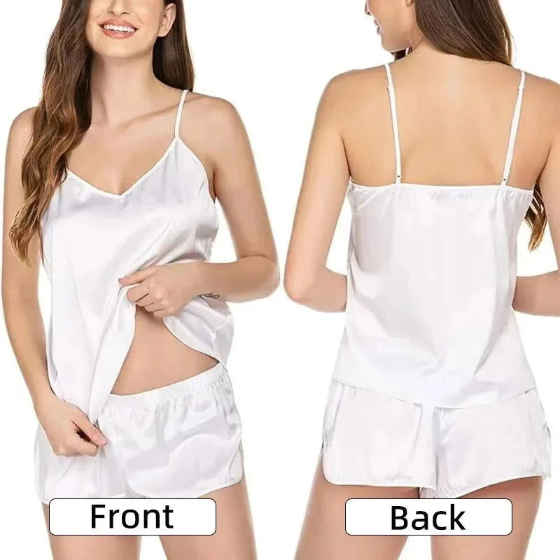Women Sexy Ice Silky Pajamas Nightclothes Sleepwear Camisole And Shorts White Black Gray L XL XXL Comfortable Casual Summer - Slobuy