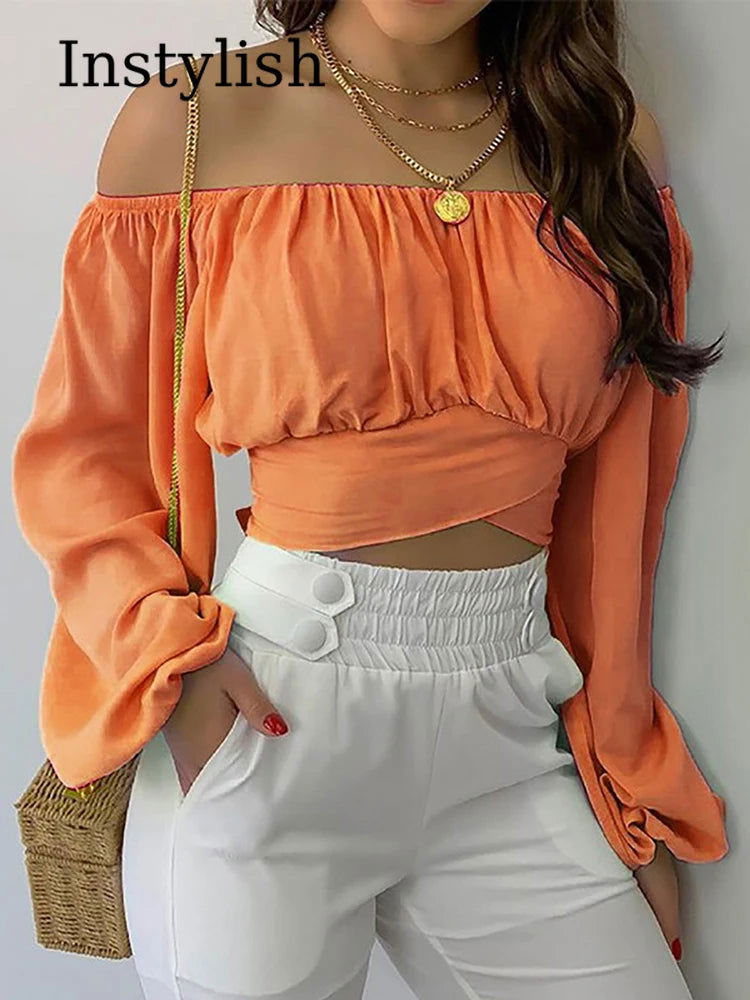 Women Sexy Off Shoulder Printing Blouses Chic and Elegant Lantern Long Sleeve Lace Up Bow Cropped Tops Casual Slim Shirts 2023 - Slobuy