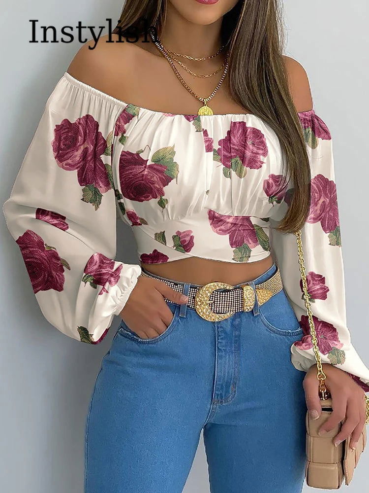 Women Sexy Off Shoulder Printing Blouses Chic and Elegant Lantern Long Sleeve Lace Up Bow Cropped Tops Casual Slim Shirts 2023 - Slobuy