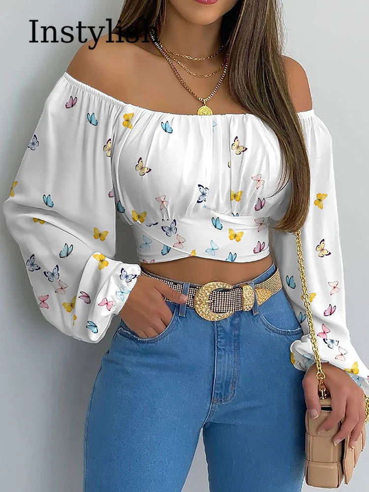 Women Sexy Off Shoulder Printing Blouses Chic and Elegant Lantern Long Sleeve Lace Up Bow Cropped Tops Casual Slim Shirts 2023 - Slobuy