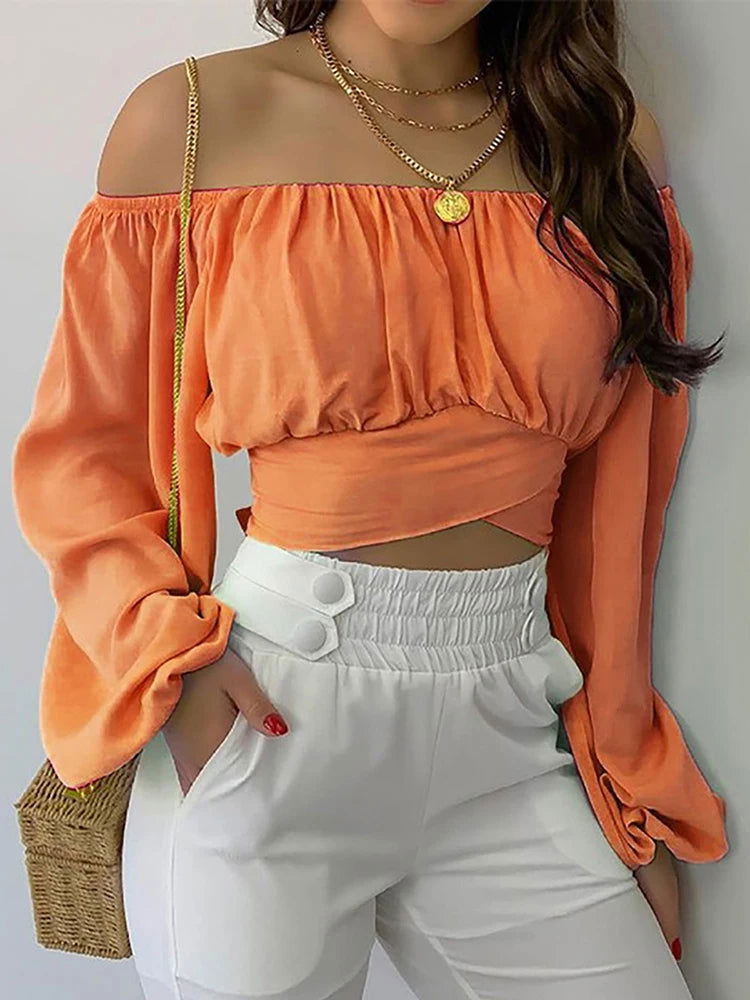 Women Sexy Off Shoulder Printing Blouses Chic and Elegant Lantern Long Sleeve Lace Up Bow Cropped Tops Casual Slim Shirts 2023 - Slobuy