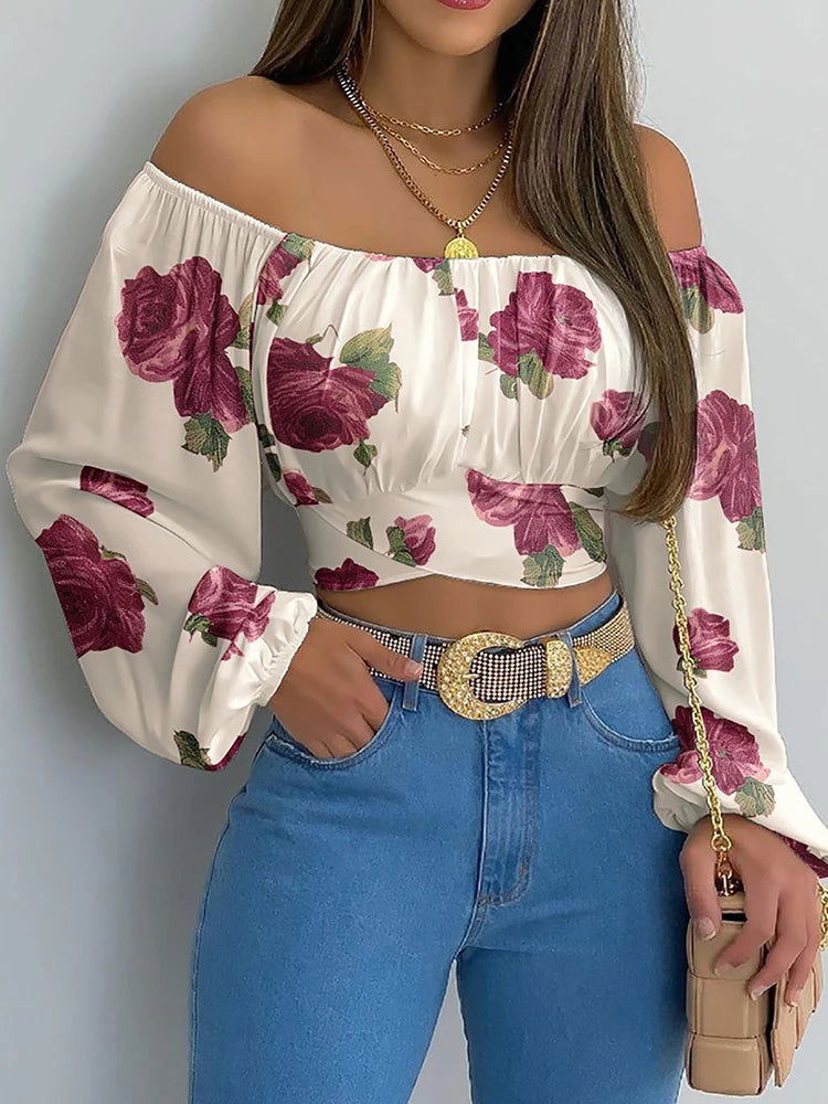 Women Sexy Off Shoulder Printing Blouses Chic and Elegant Lantern Long Sleeve Lace Up Bow Cropped Tops Casual Slim Shirts 2023 - Slobuy