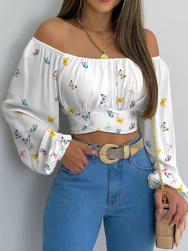 Women Sexy Off Shoulder Printing Blouses Chic and Elegant Lantern Long Sleeve Lace Up Bow Cropped Tops Casual Slim Shirts 2023 - Slobuy