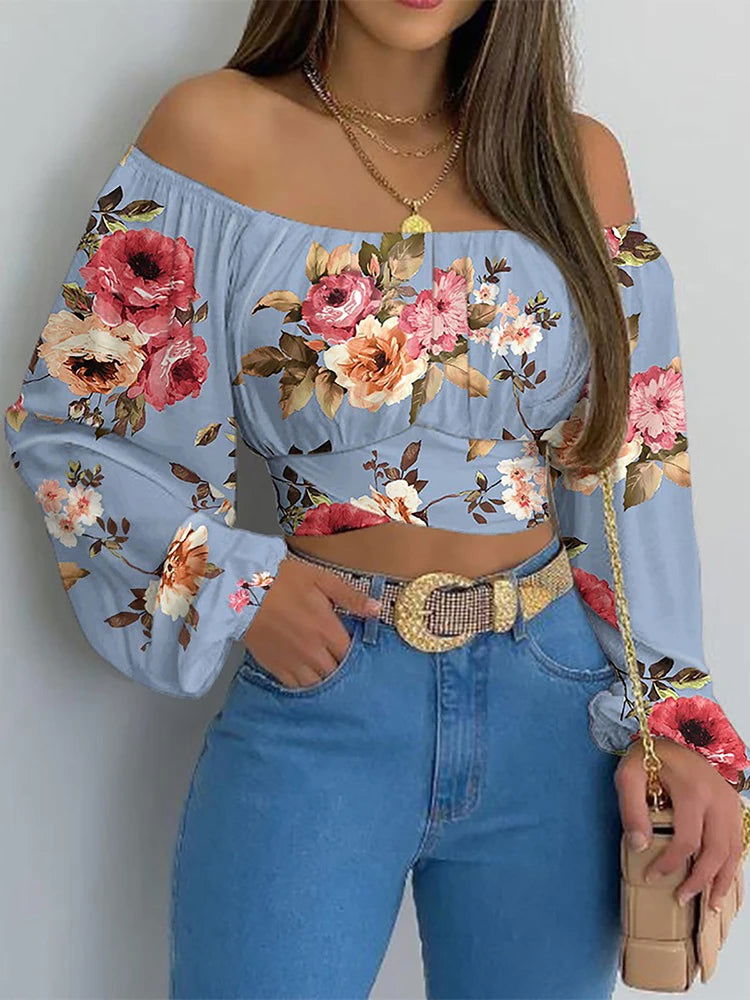 Women Sexy Off Shoulder Printing Blouses Chic and Elegant Lantern Long Sleeve Lace Up Bow Cropped Tops Casual Slim Shirts 2023 - Slobuy