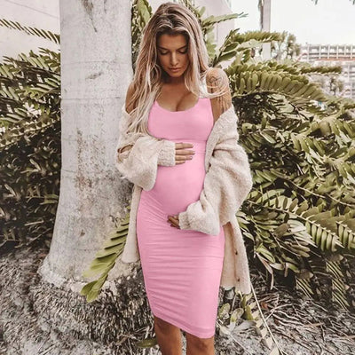 Women Solid Color Maternity Slip Dress Summer Sexy Casual Round Neck Sleeveless Maternity Clothing Ladies New Nursing Dresses - Slobuy