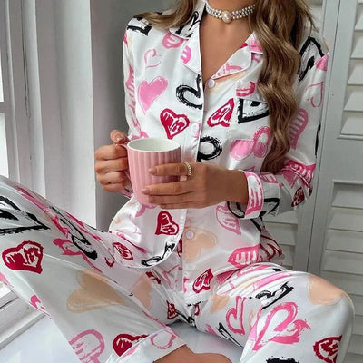 Women Spring Pajamas Heart Print Pajama Set Button Up Long Sleeve Top With Trousers Pijama Sets Women's Sleepwear Loungewear Pjs - Slobuy