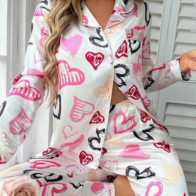 Women Spring Pajamas Heart Print Pajama Set Button Up Long Sleeve Top With Trousers Pijama Sets Women's Sleepwear Loungewear Pjs - Slobuy