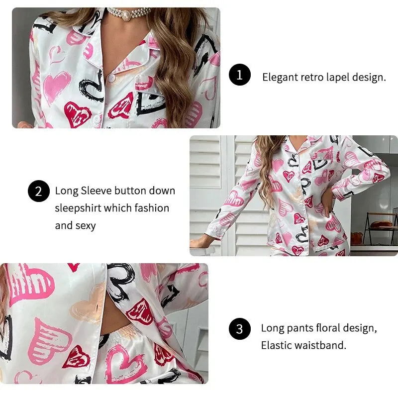 Women Spring Pajamas Heart Print Pajama Set Button Up Long Sleeve Top With Trousers Pijama Sets Women's Sleepwear Loungewear Pjs - Slobuy