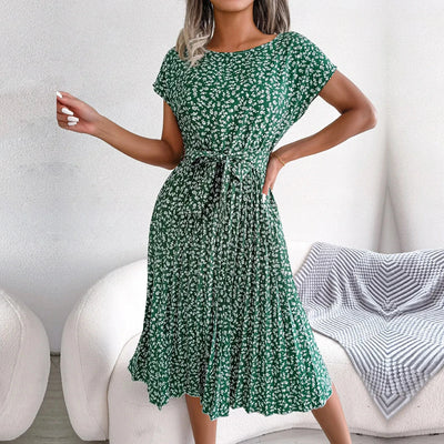 Women Spring Summer Short Sleeve High Waist Chic Dress Fashion Floral Pleated A Line Long Dress - Slobuy