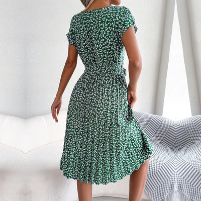 Women Spring Summer Short Sleeve High Waist Chic Dress Fashion Floral Pleated A Line Long Dress - Slobuy