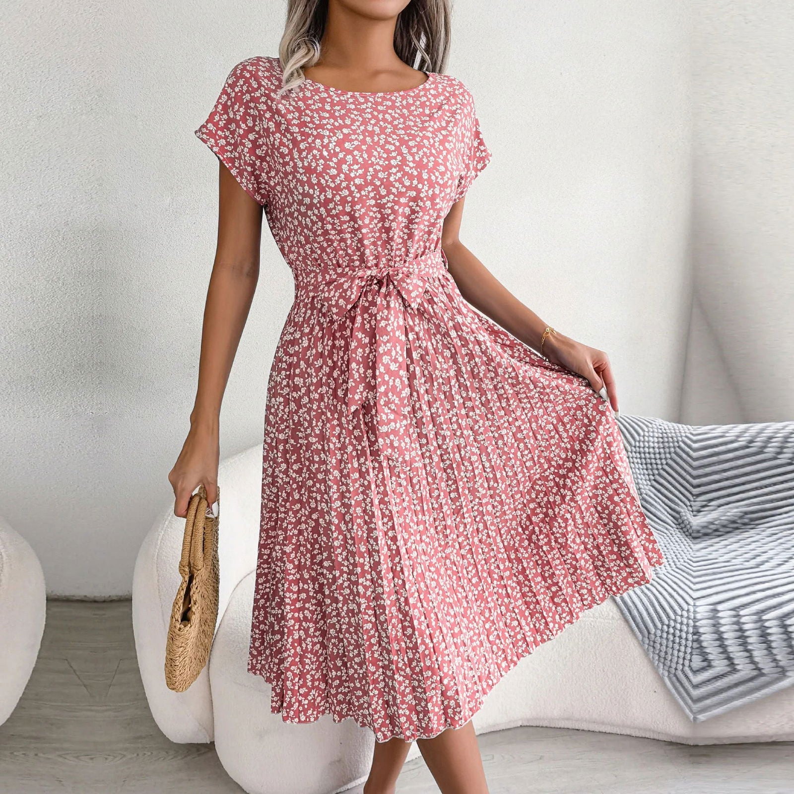 Women Spring Summer Short Sleeve High Waist Chic Dress Fashion Floral Pleated A Line Long Dress - Slobuy