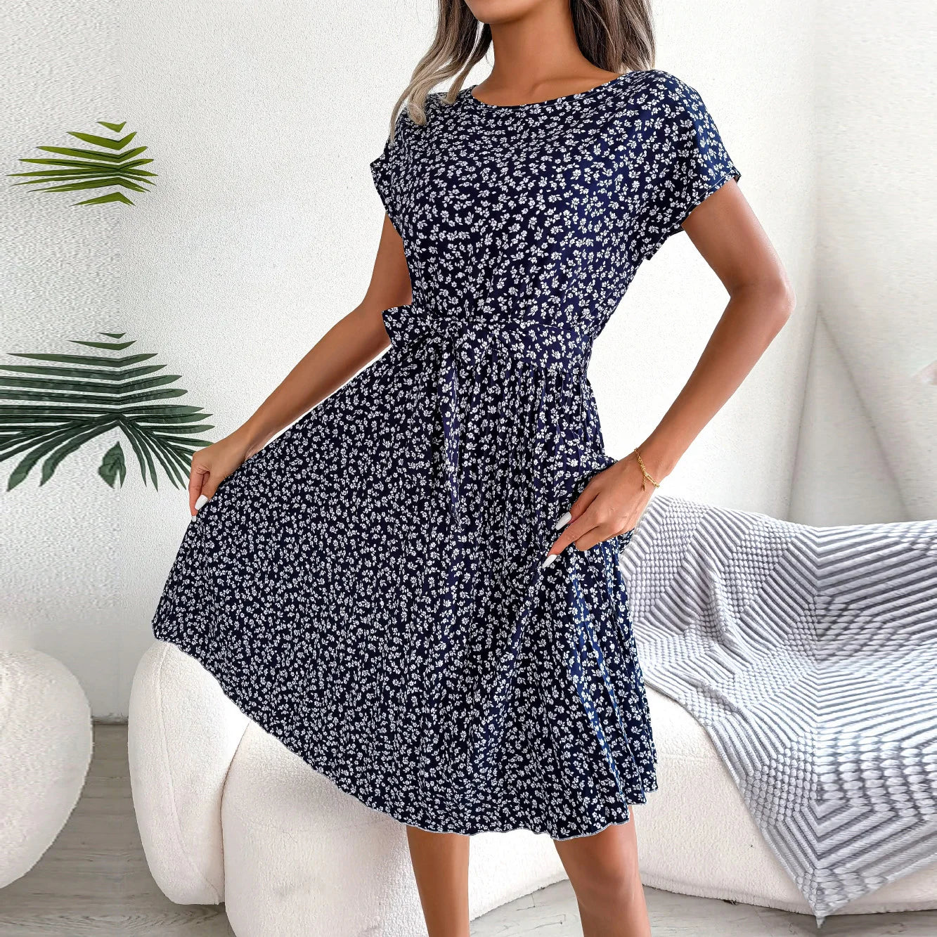 Women Spring Summer Short Sleeve High Waist Chic Dress Fashion Floral Pleated A Line Long Dress - Slobuy