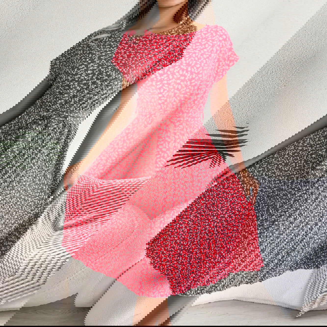 Women Spring Summer Short Sleeve High Waist Chic Dress Fashion Floral Pleated A Line Long Dress - Slobuy
