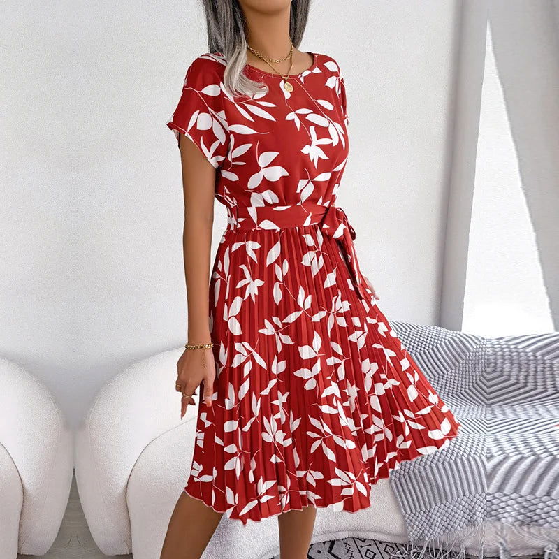 Women Spring Summer Short Sleeve High Waist Chic Dress Fashion Floral Pleated A Line Long Dress - Slobuy