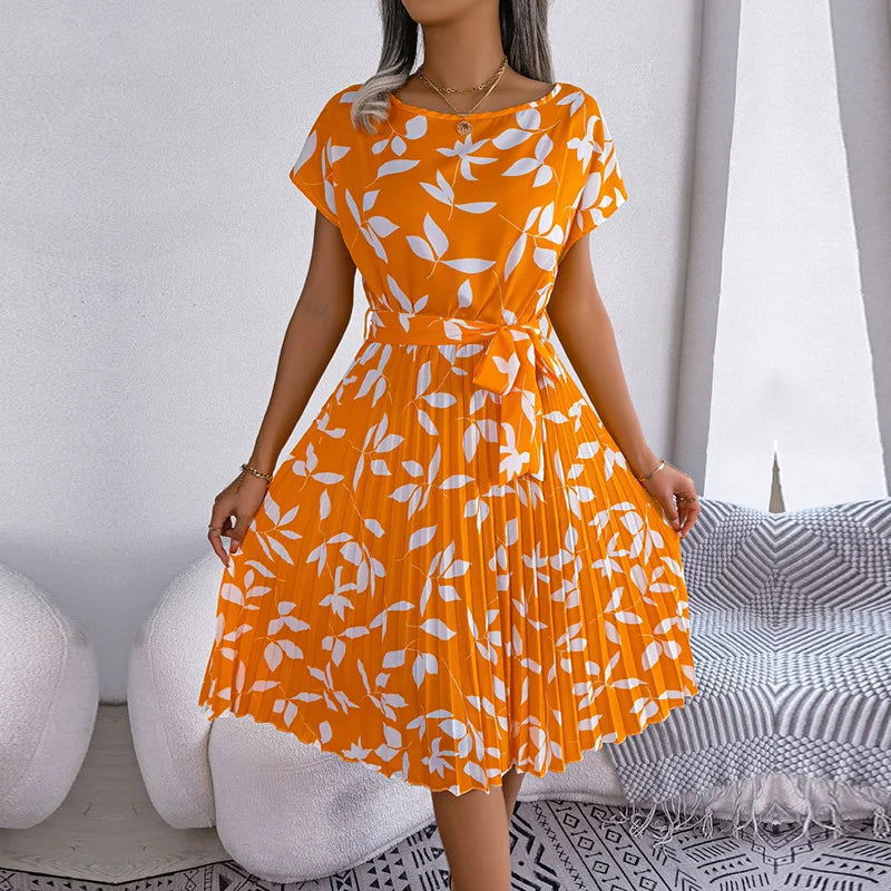 Women Spring Summer Short Sleeve High Waist Chic Dress Fashion Floral Pleated A Line Long Dress - Slobuy