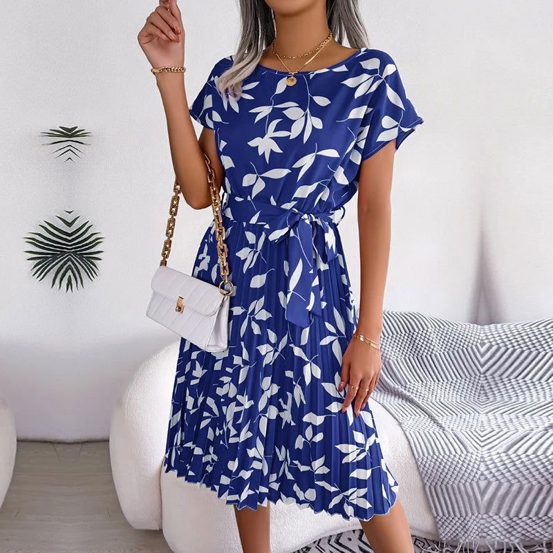 Women Spring Summer Short Sleeve High Waist Chic Dress Fashion Floral Pleated A Line Long Dress - Slobuy