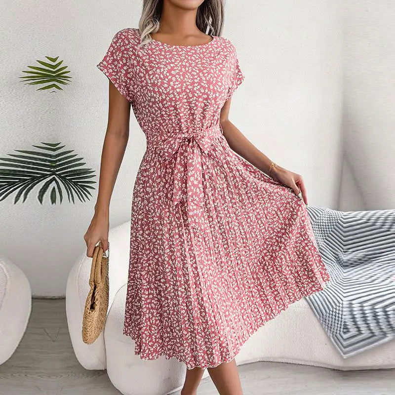 Women Spring Summer Short Sleeve High Waist Chic Dress Fashion Floral Pleated A Line Long Dress - Slobuy