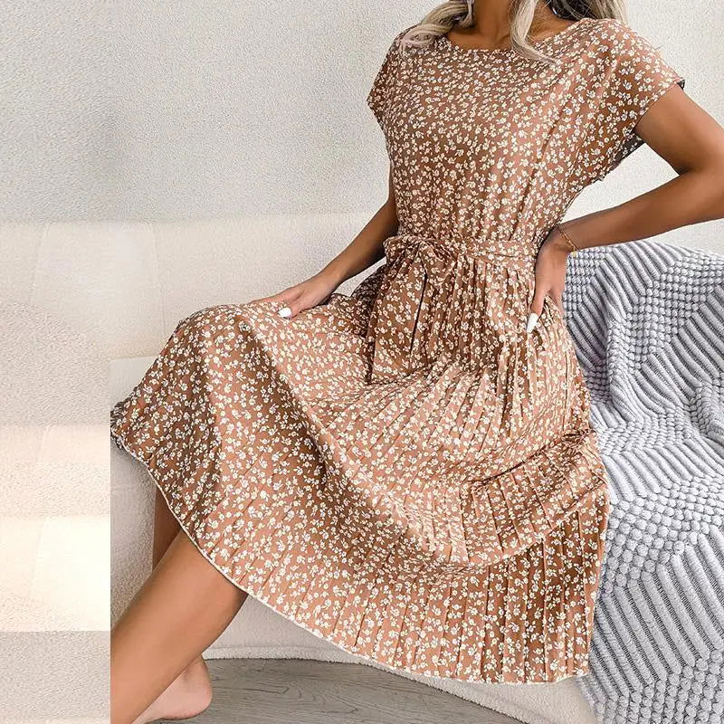 Women Spring Summer Short Sleeve High Waist Chic Dress Fashion Floral Pleated A Line Long Dress - Slobuy