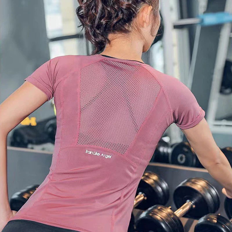 Women Summer T Shirts Slim Fit For Sports Fitness Yoga Short Sleeve Yoga Top Mesh Womens Gym Shirt Sport Wear Workout top - Slobuy