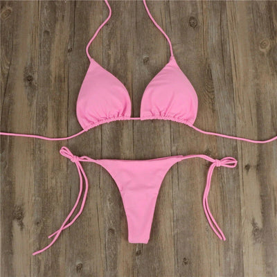 Women Thong Bikini Set Side Tie Sexy Swimsuit Bandage Style Brazilian Swimwear Neck Hanging Solid Color Adjustable Swimsuit Set - Slobuy